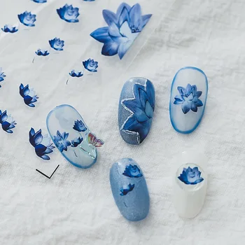 1 лист 3D синий лотос китайский стиль самоклеящиеся наклейки для ногтей 5D рельефы украшения для ногтей наклейки оптовая прямая поставка