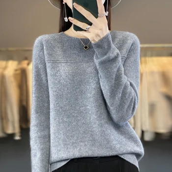100% свитер из чистой шерсти мериноса женский зимний пуловер с круглым вырезом Полый с длинным рукавом корейский модный трикотажный пуловер топ