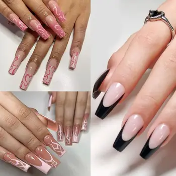 24pcs Типсы для ногтей Полное покрытие Черный край DIY Искусственные ногти Длинные Французская Балерина Розовый Волнистый