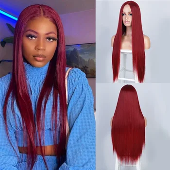 Long Wine Red Middle Part Wig 32-дюймовые прямые парики для женщин Косплей Синтетическое термостойкое волокно Лолита Парик Блондин Имбирь