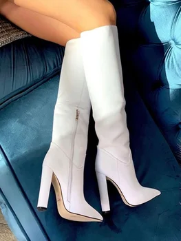  Белые матовые кожаные сапоги до колена Блок Каблук Молния Сексуальный острый носок 2023 Новейшие зимние женские осенние сапоги
