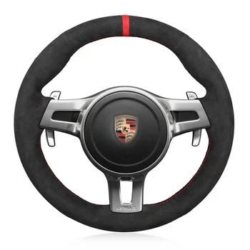 Для Porsche Taycan Cayenne Macan Panamera 718 911 Плетенка Автомобильный чехол на рулевое колесо Замша Кожа Рулевое управление Автомобильные аксессуары