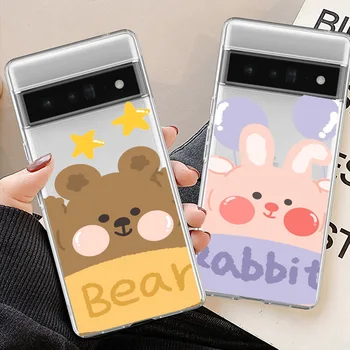 Забавный чехол для телефона Bunny Couple для Google Pixel 6 6A 5G 7 Pro 7A 7 Чехол Кролик Медведь Прозрачная крышка Capa Fundas Skin