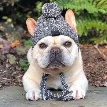 Зимние теплые шапки для собак Ветрозащитная вязание Французский бульдог Шапка для собак Шапка чихуахуа Пушистый мяч Аксессуары для щенков Шляпа для домашних животных
