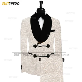 классический жаккардовый костюм для мужской официальной вечеринки на заказ мода бархатная шаль лацкан китайский кнот пуговицы пиджак брюки 2 шт.