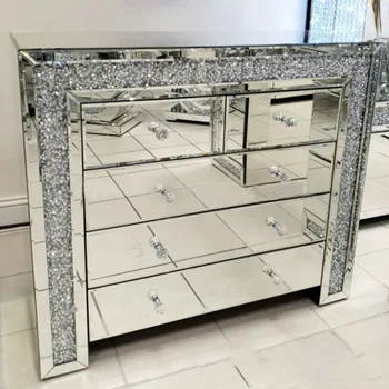 Мебель для спальни 5 ящиков Приставной столик Серебряный зеркальный шкаф Дробленый алмазный сундук для гостиной отеля
