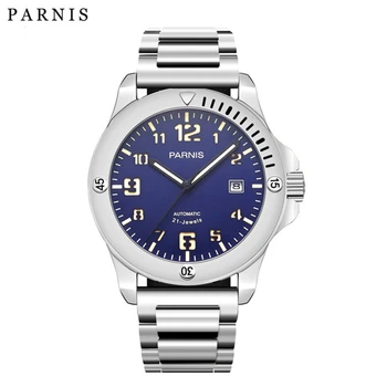  Новые мужские автоматические механические часы Parnis 43 мм с синим циферблатом Светящийся календарь Браслет из нержавеющей стали Мужские часы 2023 Man Clock