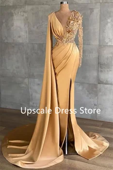 Роскошные золотые вечерние платья с длинным рукавом Официальный случай Русалка V-образный вырез Бусины Блестки выпускные платья Vestidos De Fiesta Para Mujer