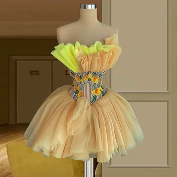 Элегантные коктейльные платья А-силуэта Короткие мини-аппликации из тюля без бретелек Платья из бисера Haute Couture